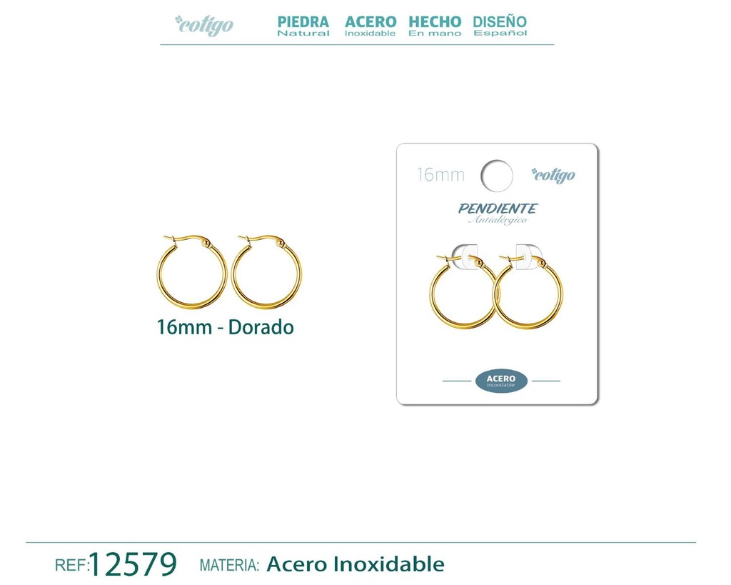 Pendiente aro de acero - 16mm color dorado - Joyería de acero inoxidable