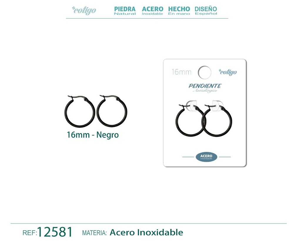 Pendiente aro de acero - 16mm color negro - Joyería de acero inoxidable
