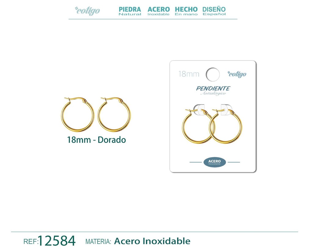 Pendiente aro de acero - 18mm color dorado - Joyería de acero inoxidable