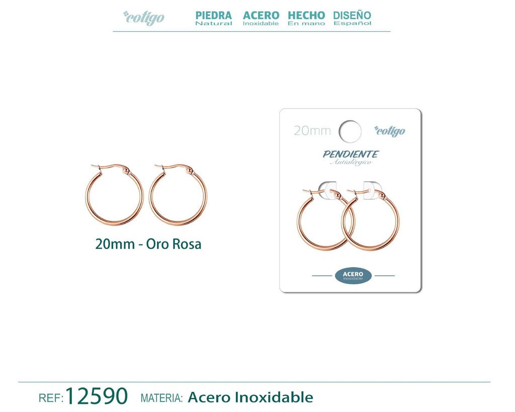 Pendiente aro de acero - 20mm color rosa - Joyería de acero inoxidable
