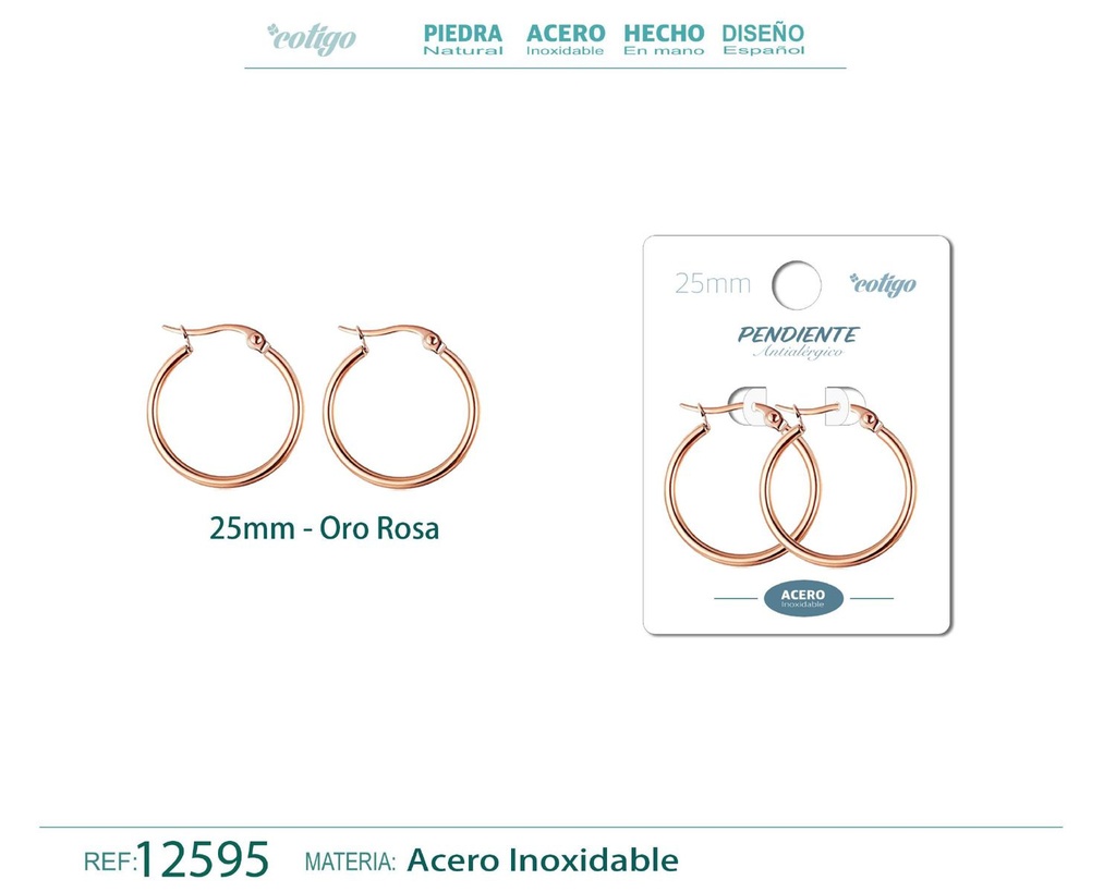 Pendiente aro de acero - 25mm color rosa - Joyería de acero inoxidable