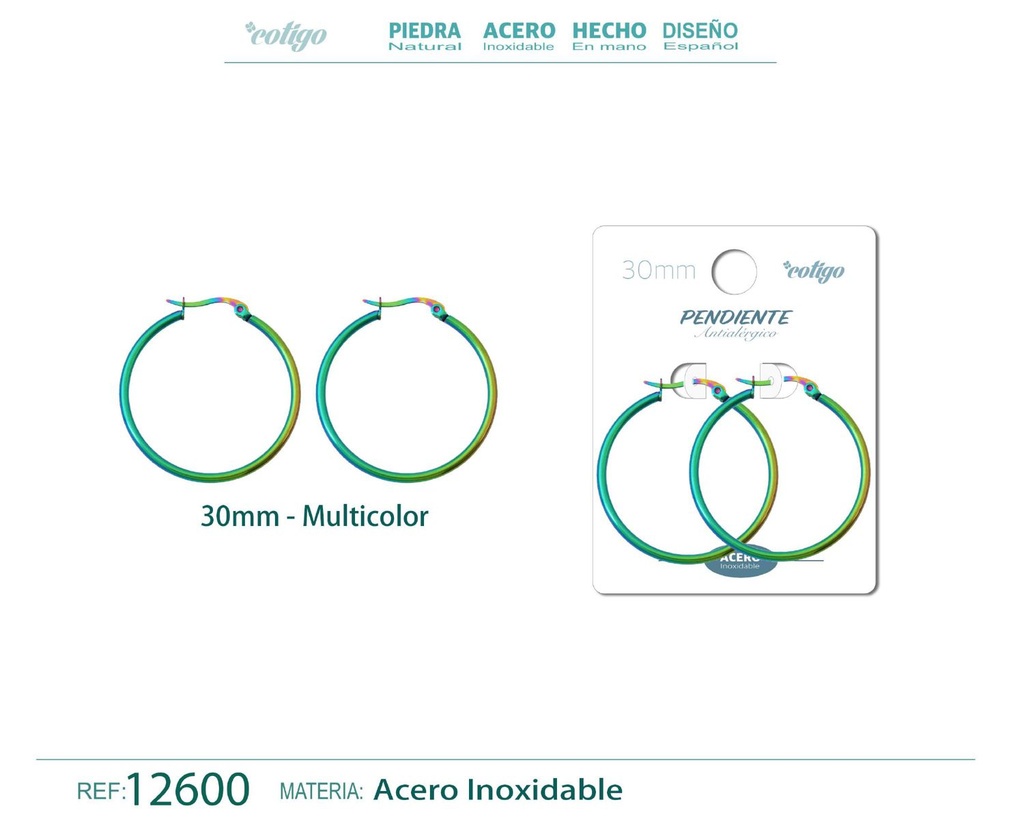 Pendiente aro de acero - 30mm multicolor - Joyería de acero inoxidable