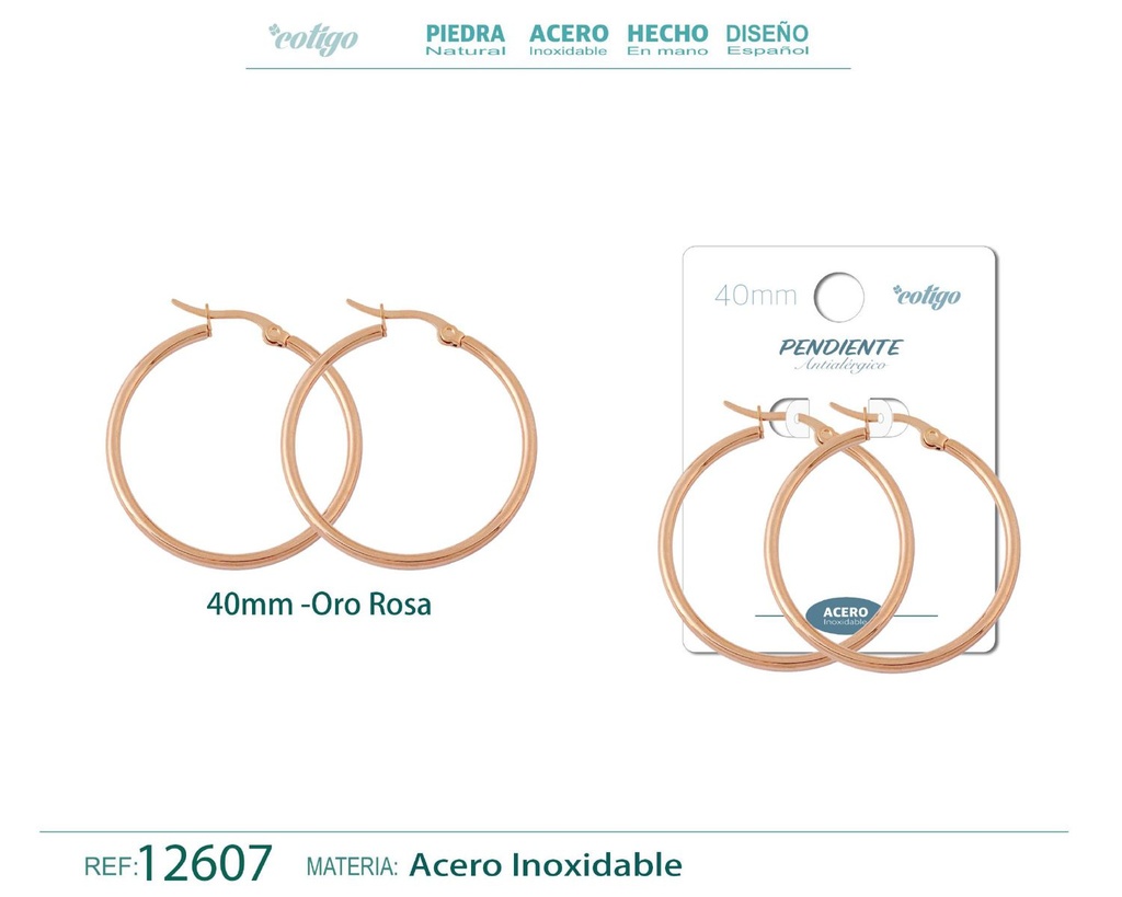 Pendiente aro de acero - 40mm color rosa - Joyería de acero inoxidable