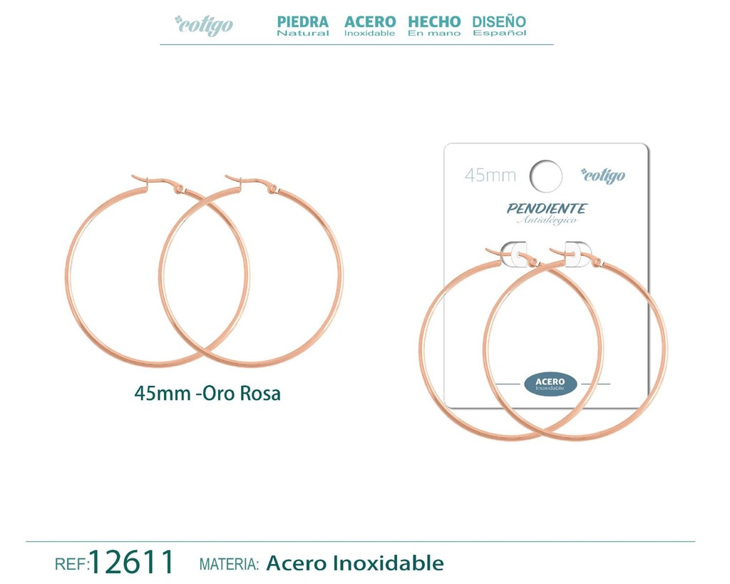 Pendiente aro de acero - 45mm color rosa - Joyería de acero inoxidable