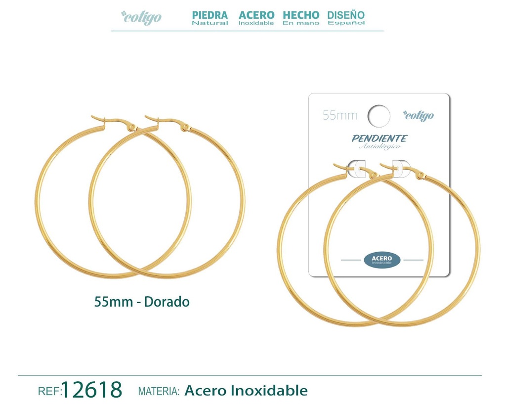 Pendiente aro de acero - 55mm color dorado - Joyería de acero inoxidable