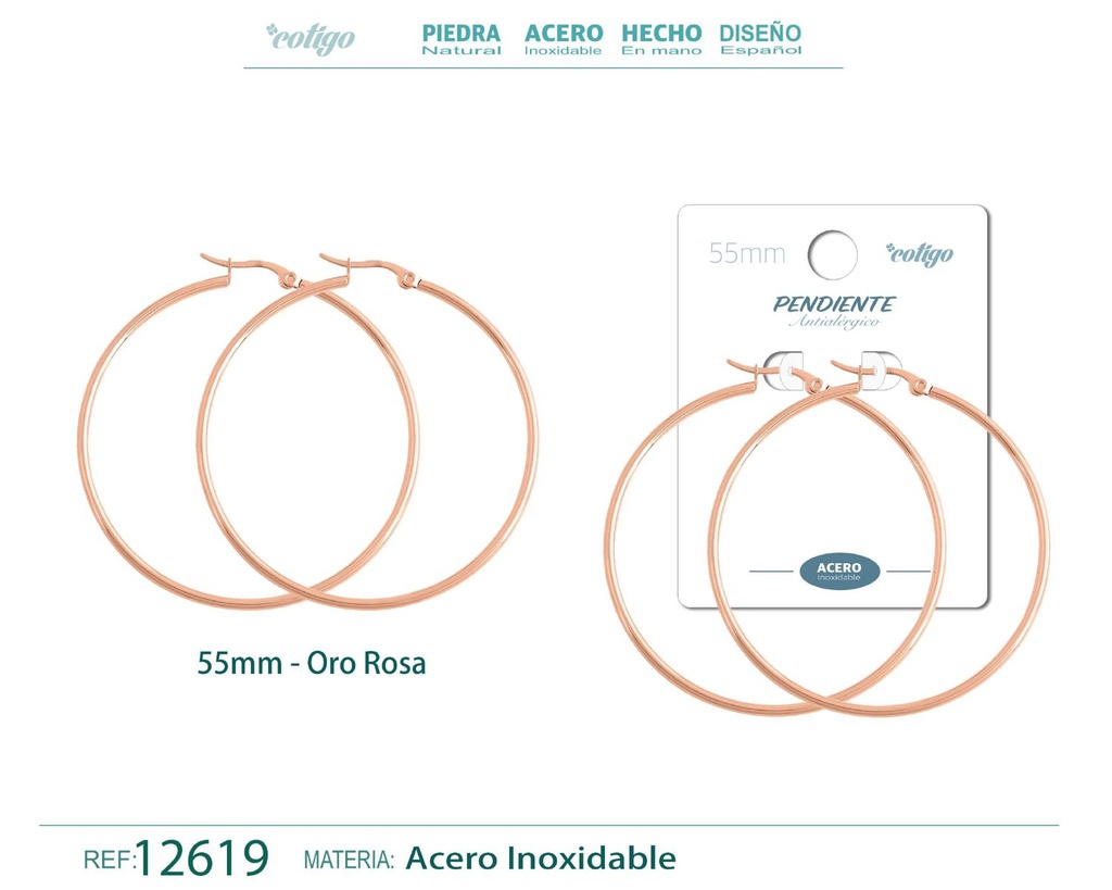 Pendiente aro de acero - 55mm color rosa - Joyería de acero inoxidable