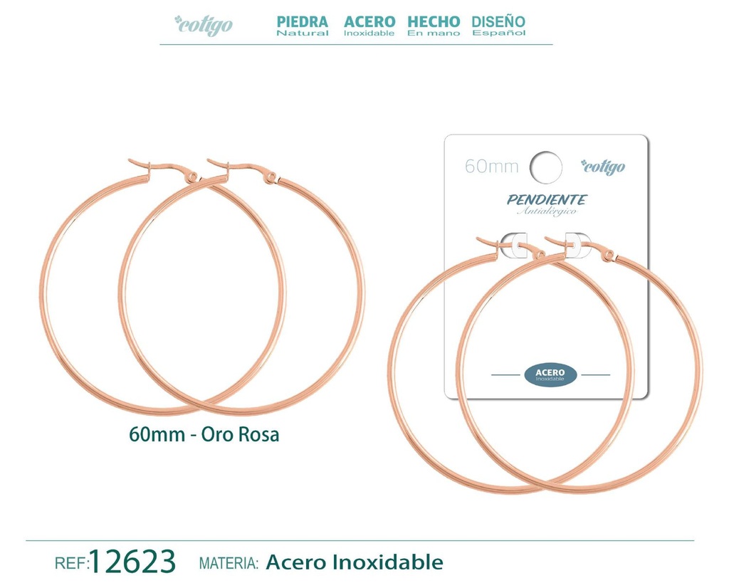 Pendiente aro de acero - 60mm color rosa - Joyería de acero inoxidable