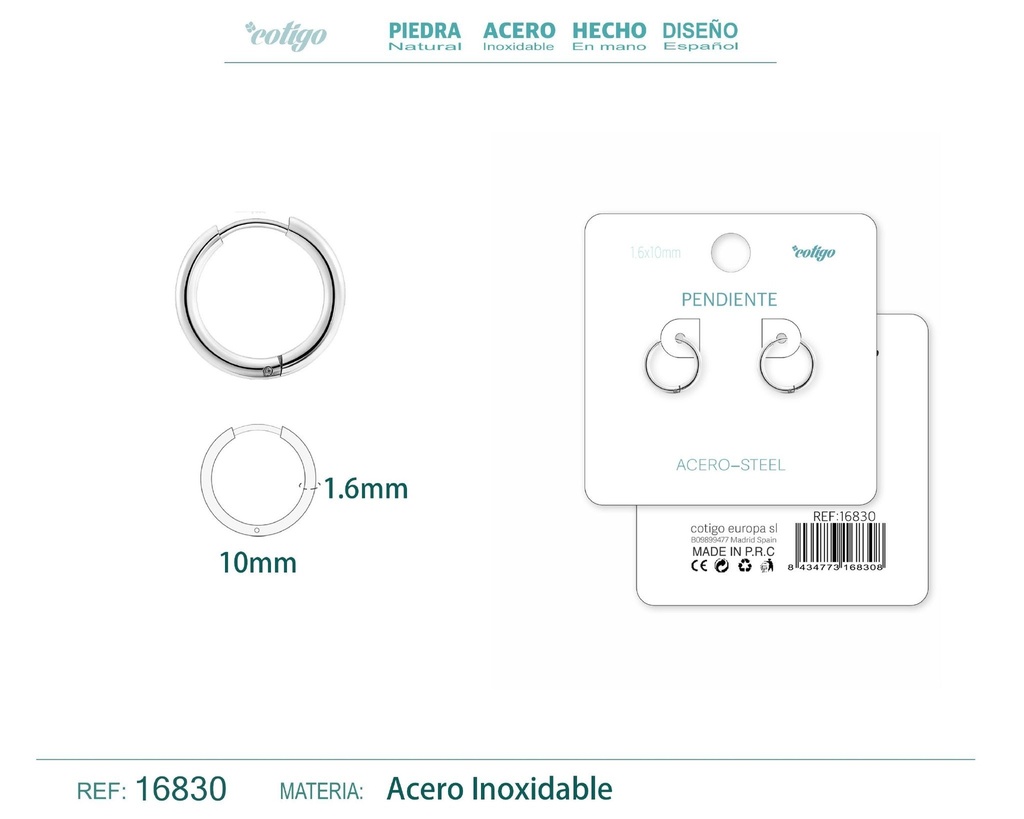 Pendiente aro de acero 1.6x10 mm plateado - Joyería de acero