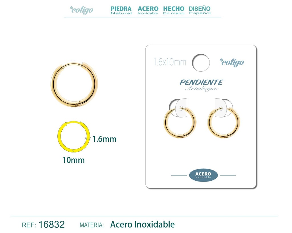 Pendiente aro de acero 1.6x10 mm dorado - Joyería de acero inoxidable