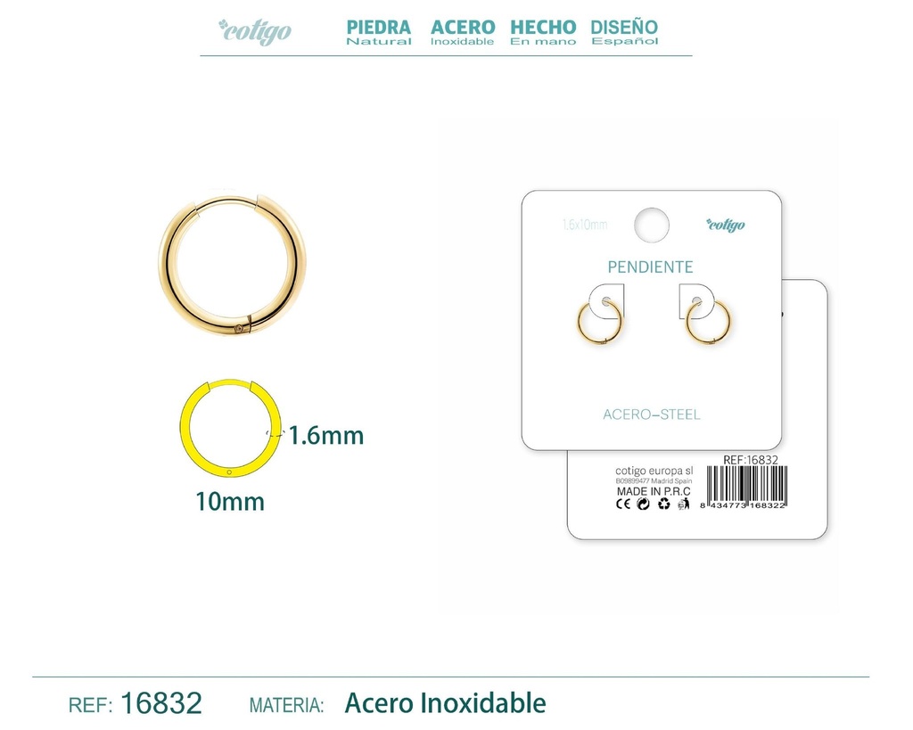 Pendiente aro de acero 1.6x10 mm dorado - Joyería de acero