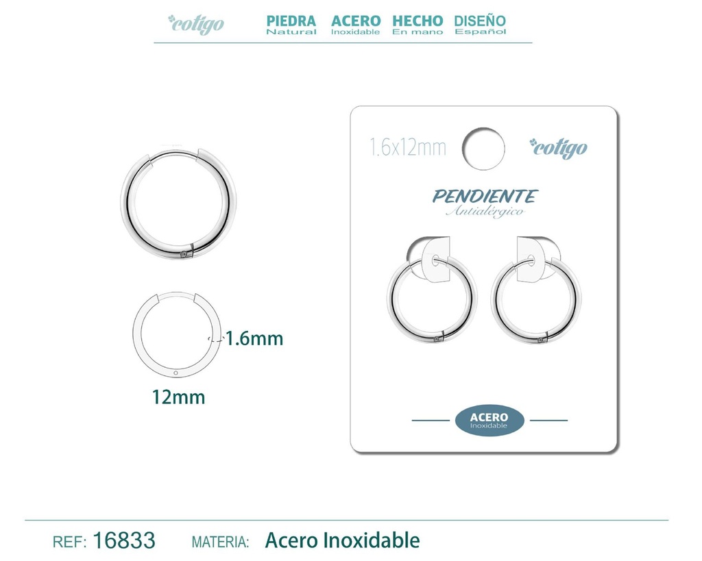 Pendiente aro de acero 1.6x12 mm plateado - Joyería de acero inoxidable