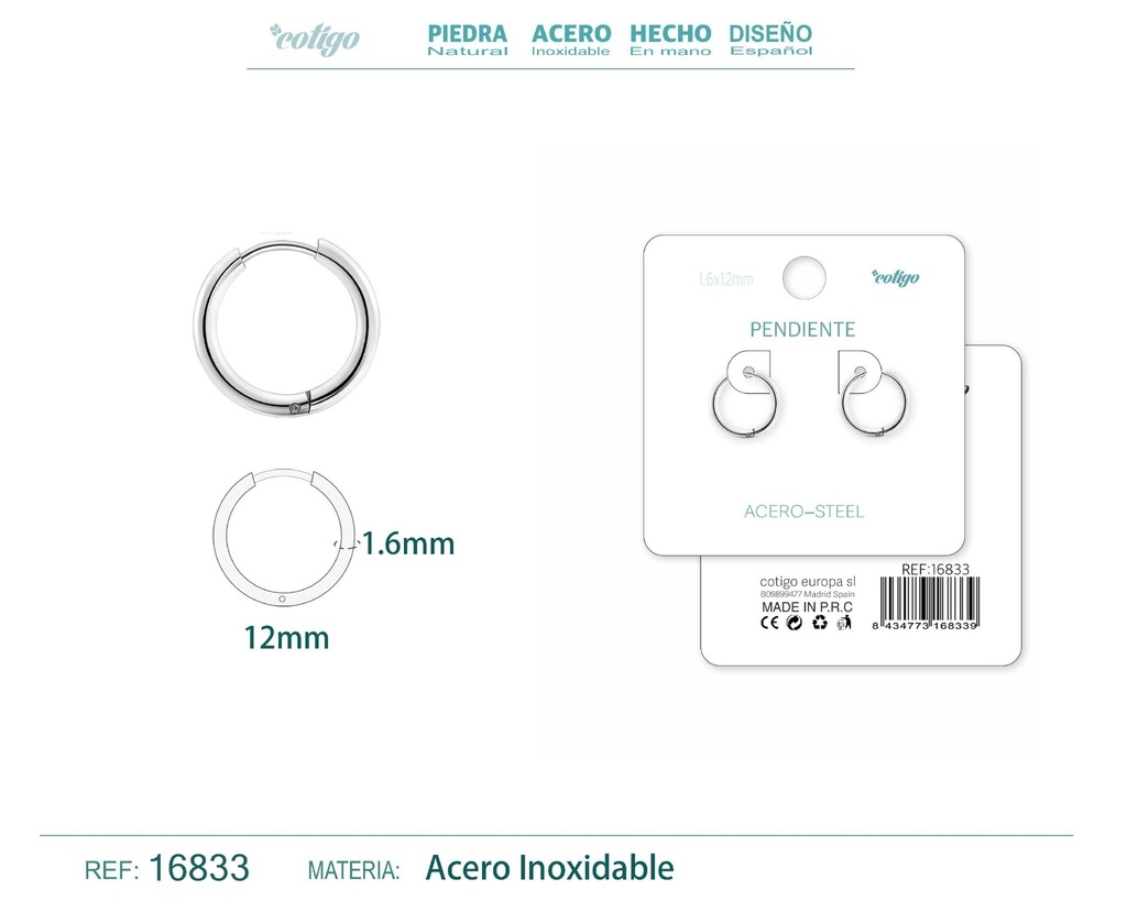 Pendiente aro de acero 1.6x12 mm plateado - Joyería de acero