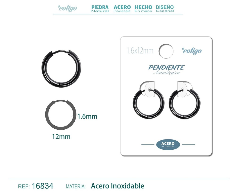 Pendiente aro de acero 1.6x12 mm negro - Joyería de acero inoxidable