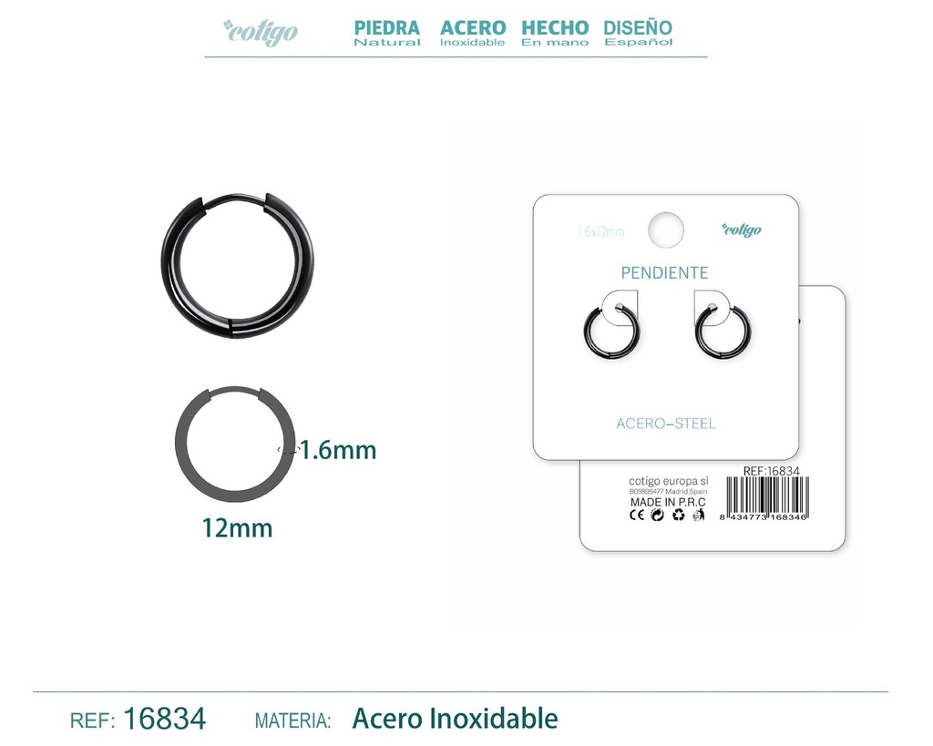 Pendiente aro de acero 1.6x12 mm negro - Joyería de acero