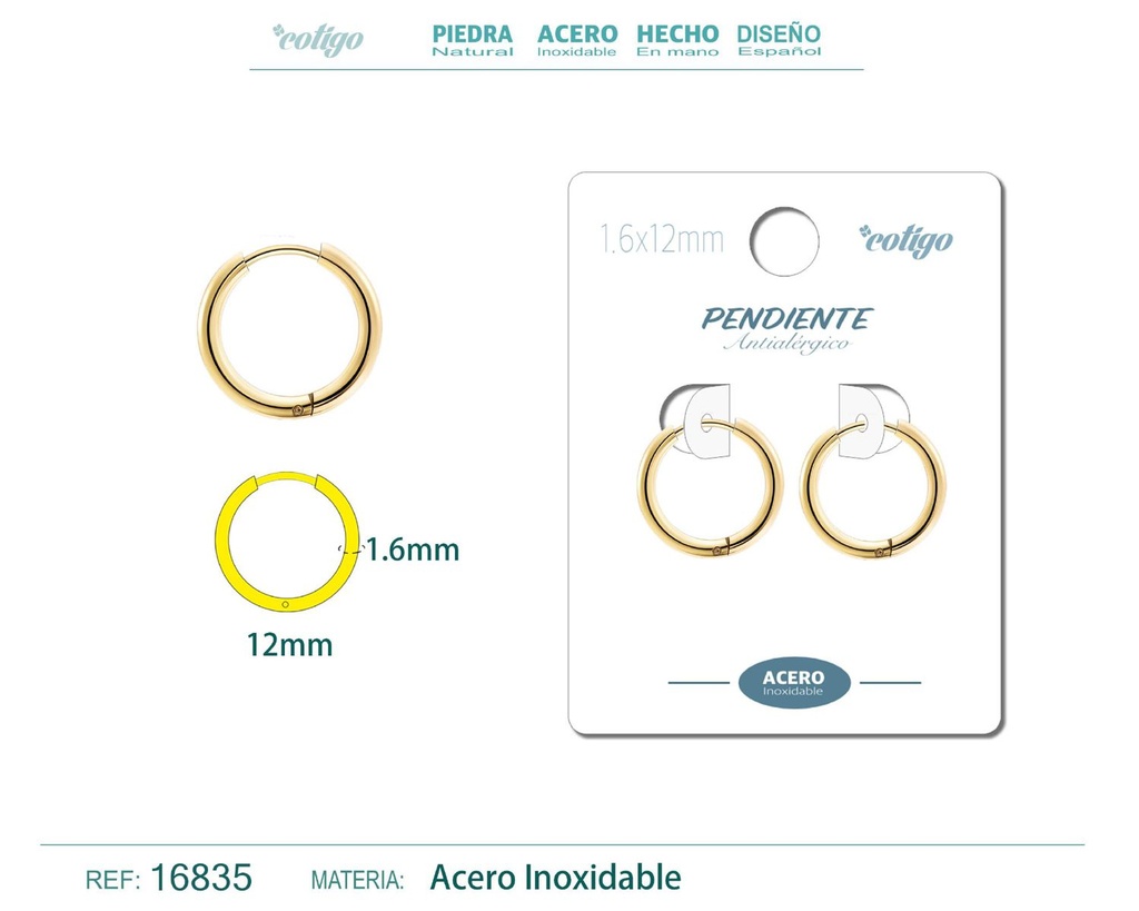 Pendiente aro de acero 1.6x12 mm dorado - Joyería de acero inoxidable