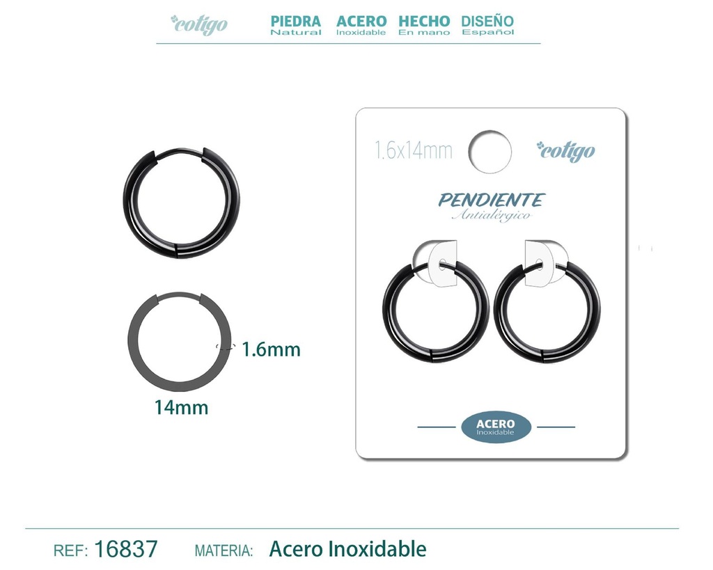 Pendiente aro de acero 1.6x14 mm negro - Joyería de acero inoxidable