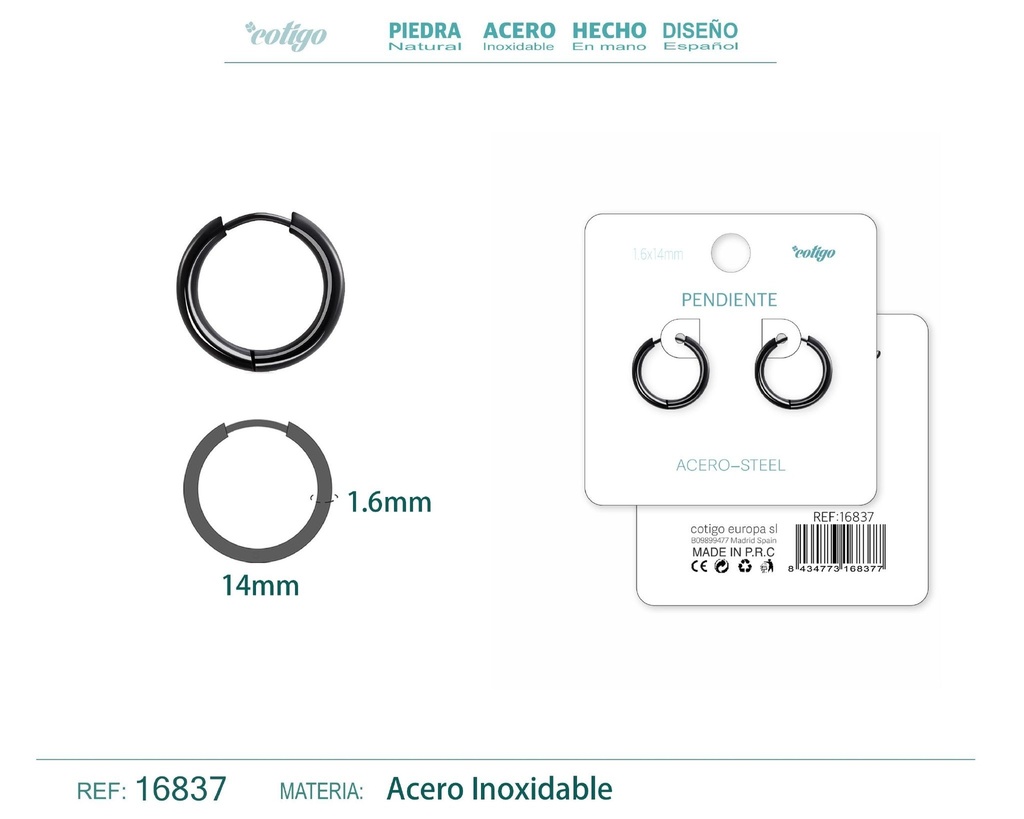 Pendiente aro de acero 1.6x14 mm negro - Joyería de acero
