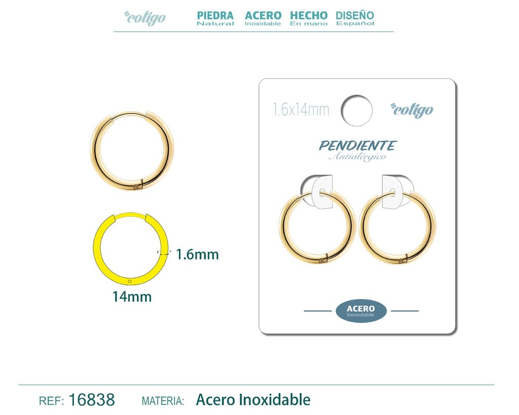 Pendiente aro de acero 1.6x14 mm dorado - Joyería de acero inoxidable