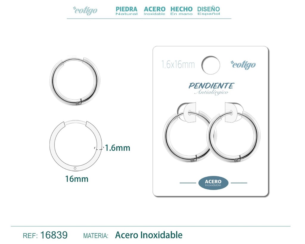 Pendiente aro de acero 1.6x16 mm plateado - Joyería de acero inoxidable