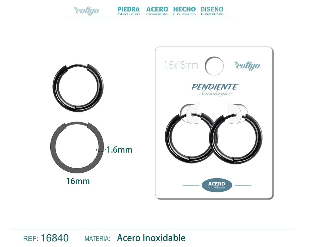 Pendiente aro de acero 1.6x16 mm negro - Joyería de acero inoxidable