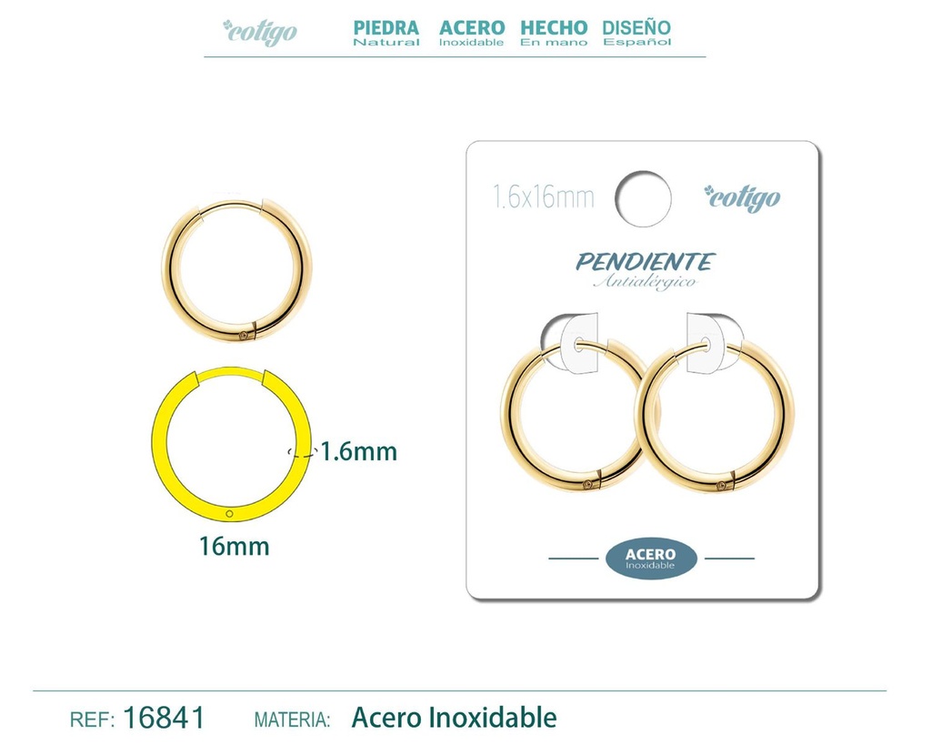 Pendiente aro de acero 1.6x16 mm dorado - Joyería de acero inoxidable