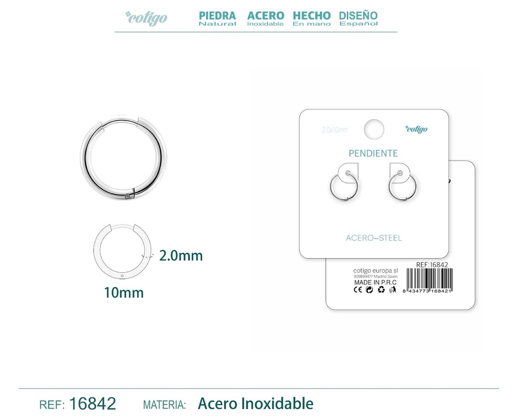Pendiente aro de acero 2.0x10 mm plateado - Joyería de acero