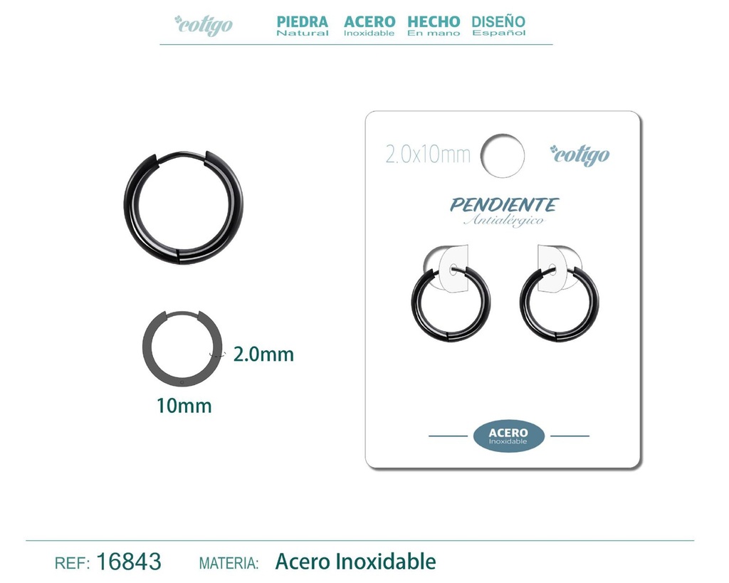 Pendiente aro de acero 2.0x10 mm negro - Joyería de acero inoxidable