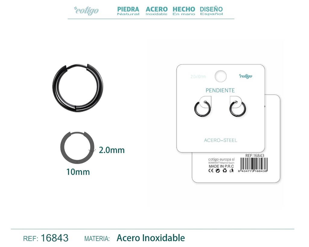 Pendiente aro de acero 2.0x10 mm negro - Joyería de acero