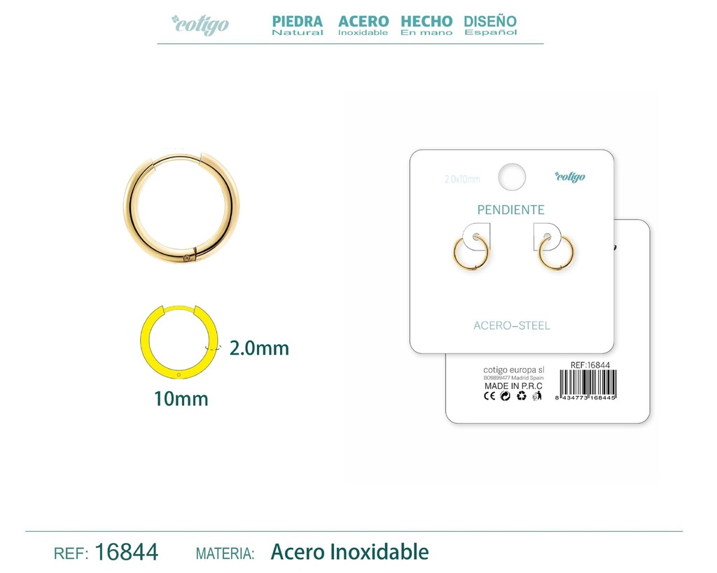 Pendiente aro de acero 2.0x10 mm dorado - Joyería de acero