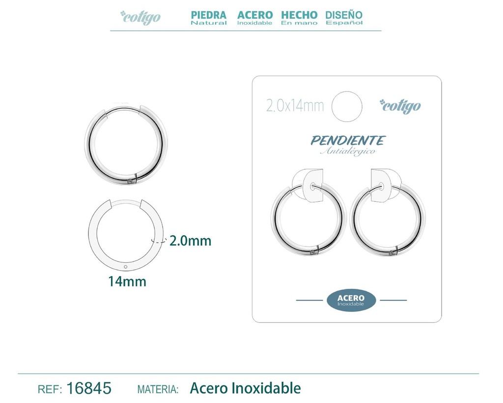 Pendiente aro de acero 2.0x14 mm plateado - Joyería de acero inoxidable