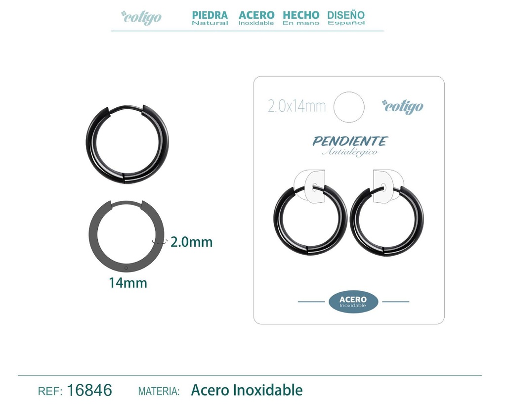 Pendiente aro de acero 2.0x14 mm negro - Joyería de acero inoxidable