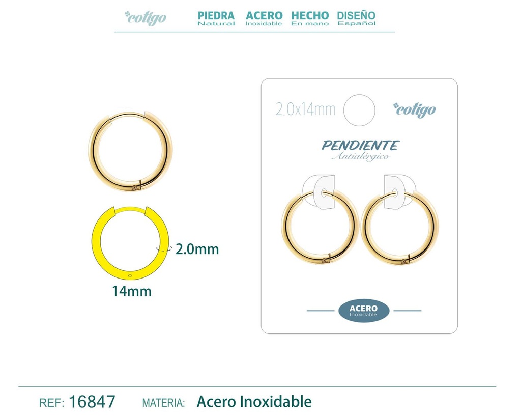 Pendiente aro de acero 2.0x14 mm dorado - Joyería de acero inoxidable