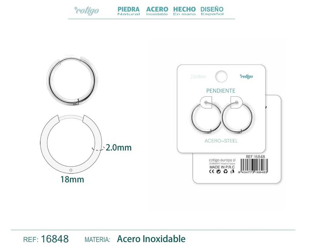 Pendiente aro de acero 2.0x18 mm plateado - Joyería de acero