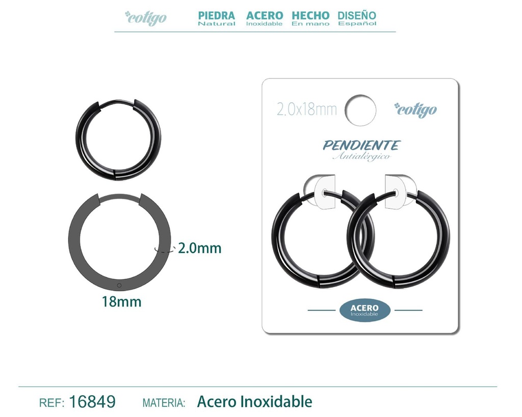 Pendiente aro de acero 2.0x18 mm negro - Joyería de acero inoxidable