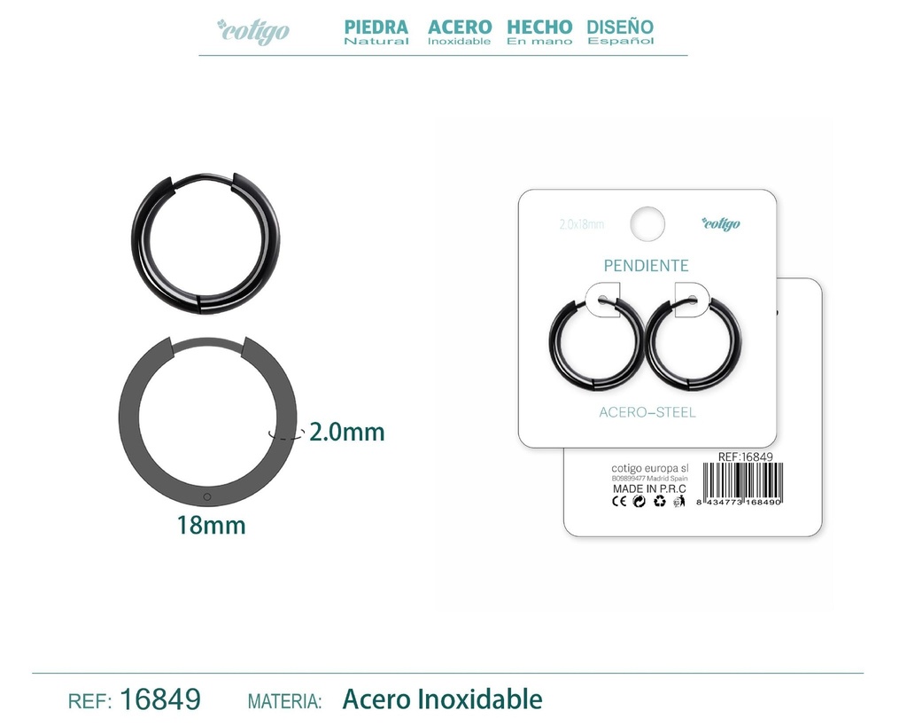 Pendiente aro de acero 2.0x18 mm negro - Joyería de acero