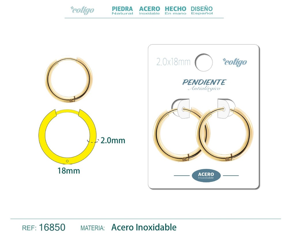 Pendiente aro de acero 2.0x18 mm dorado - Joyería de acero inoxidable