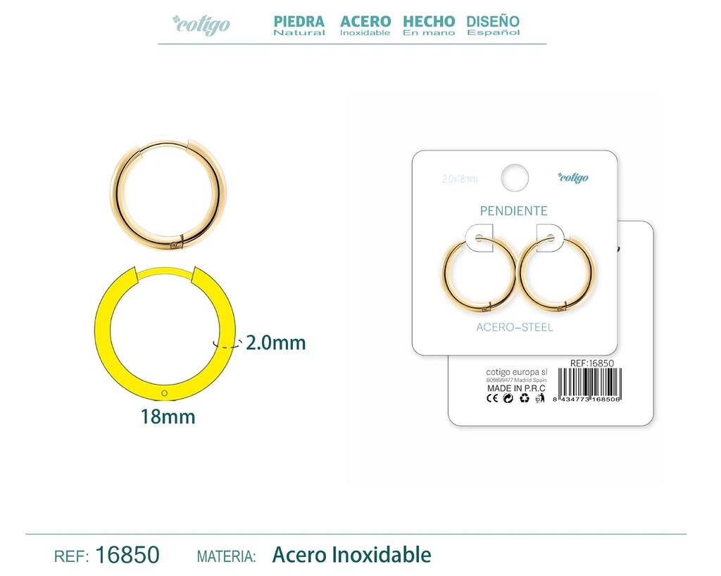 Pendiente aro de acero 2.0x18 mm dorado - Joyería de acero