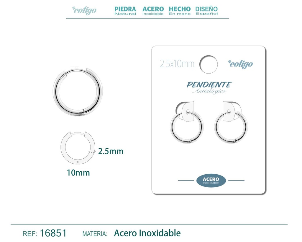 Pendiente aro de acero 2.5x10 mm plateado - Joyería de acero inoxidable