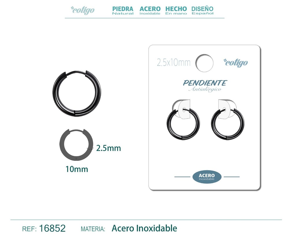 Pendiente aro de acero 2.5x10 mm negro - Joyería de acero inoxidable