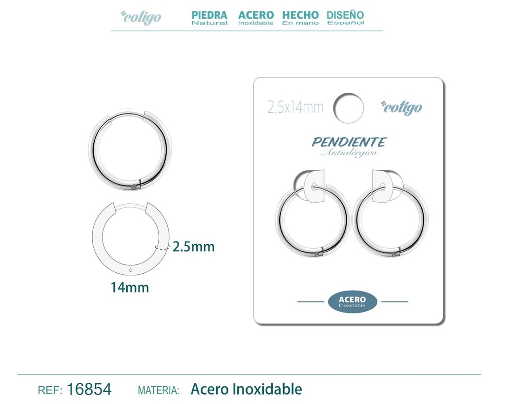 Pendiente aro de acero 2.5x14 mm plateado - Joyería de acero inoxidable