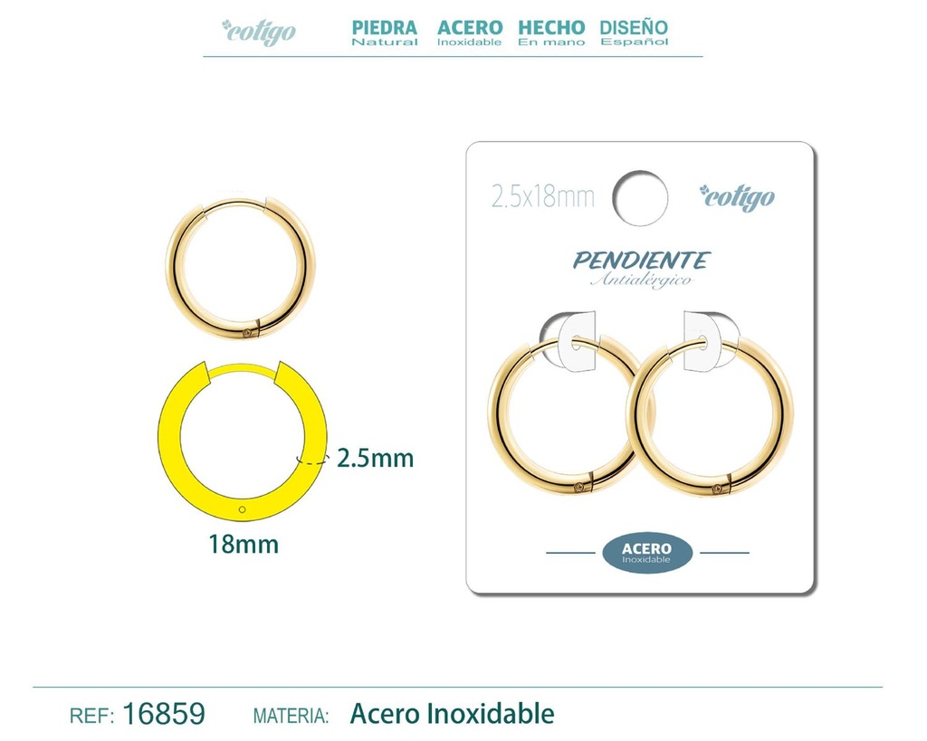 Pendiente aro de acero 2.5x18 mm dorado - Joyería de acero inoxidable