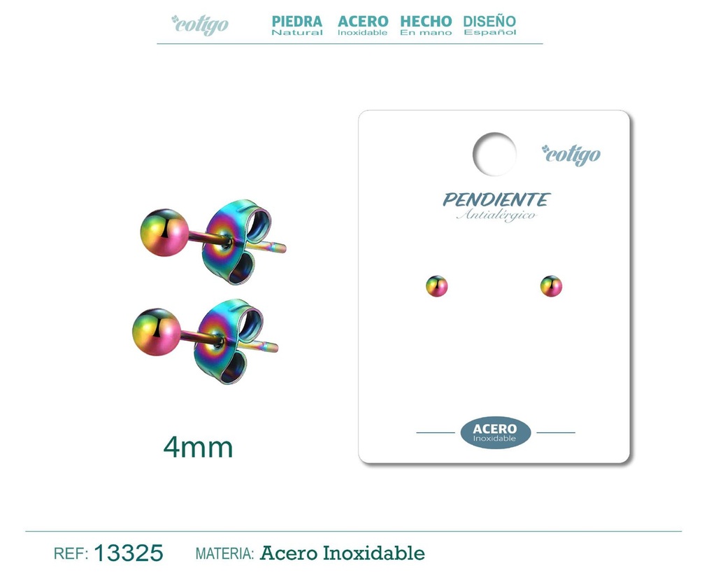 Pendiente bola 4mm acero color multicolor - Joyería de acero inoxidable