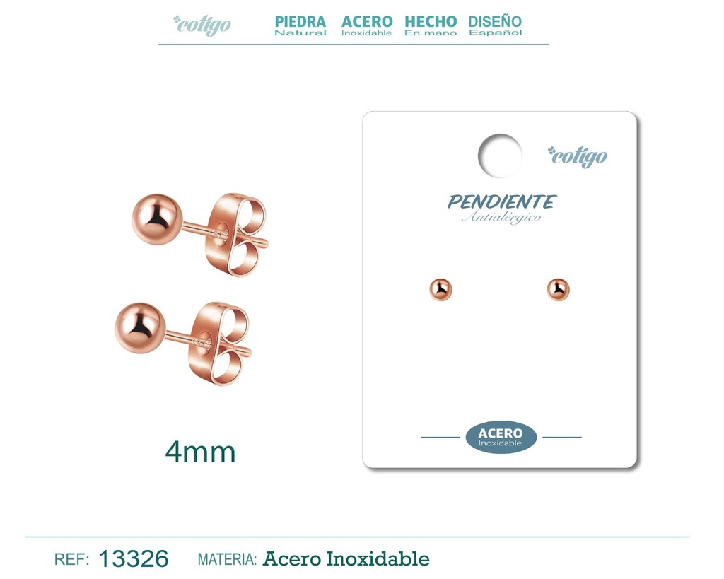 Pendiente bola 4mm acero color rosa - Joyería de acero inoxidable