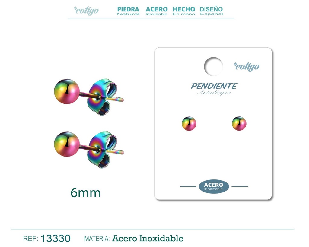 Pendiente bola 6mm acero color multicolor - Joyería de acero inoxidable