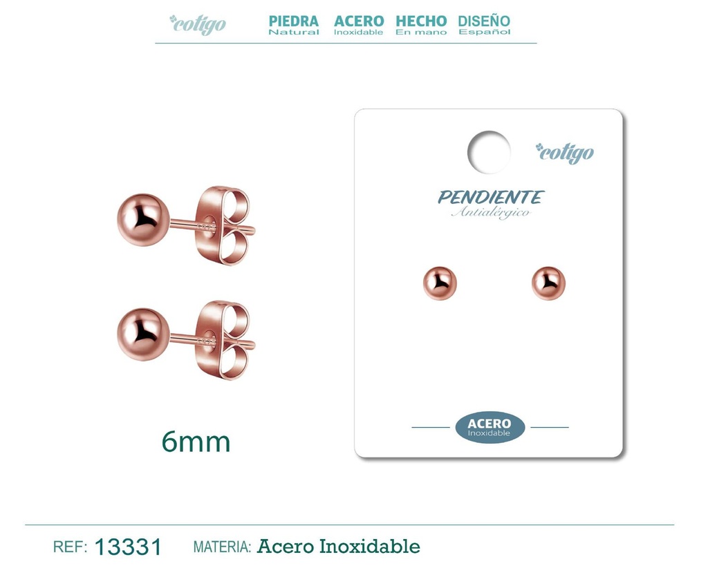 Pendiente bola 6mm acero color rosa - Joyería de acero inoxidable