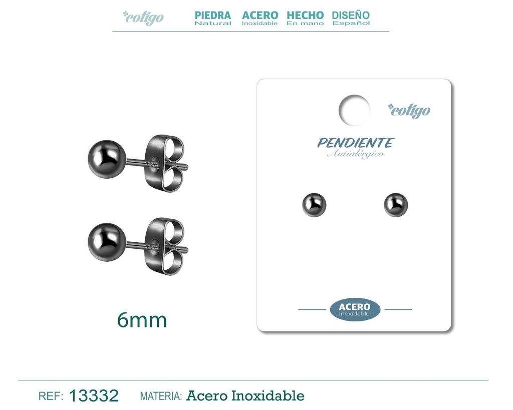 Pendiente bola 6mm acero color negro - Joyería de acero inoxidable