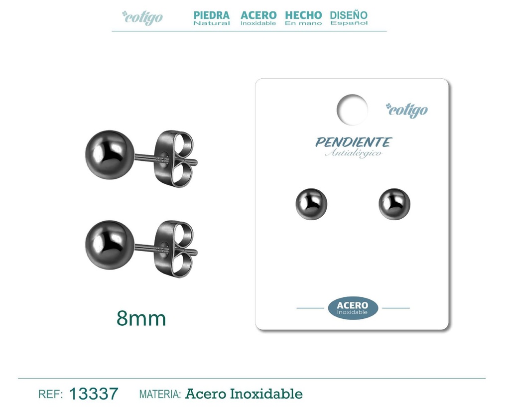 Pendiente bola 8mm acero color negro - Joyería de acero inoxidable