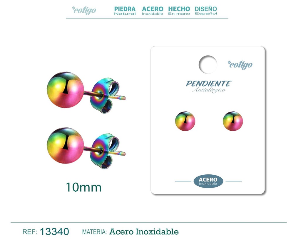 Pendiente bola 10mm acero color multicolor - Joyería de acero inoxidable