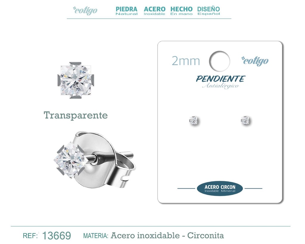 Pendiente cuadrado de circonita transparente 2mm con base de acero plateado - Joyería y accesorios elegantes