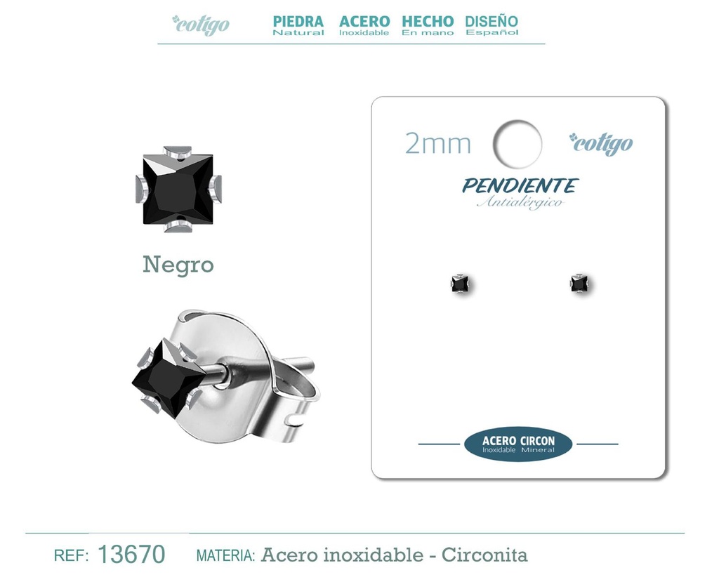 Pendiente cuadrado de circonita negra 2mm con base de acero plateado - Joyería y accesorios elegantes